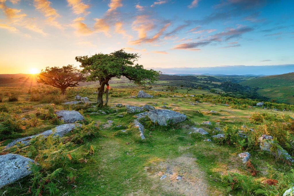 Scenery at sunset at the Dartmoor National Park