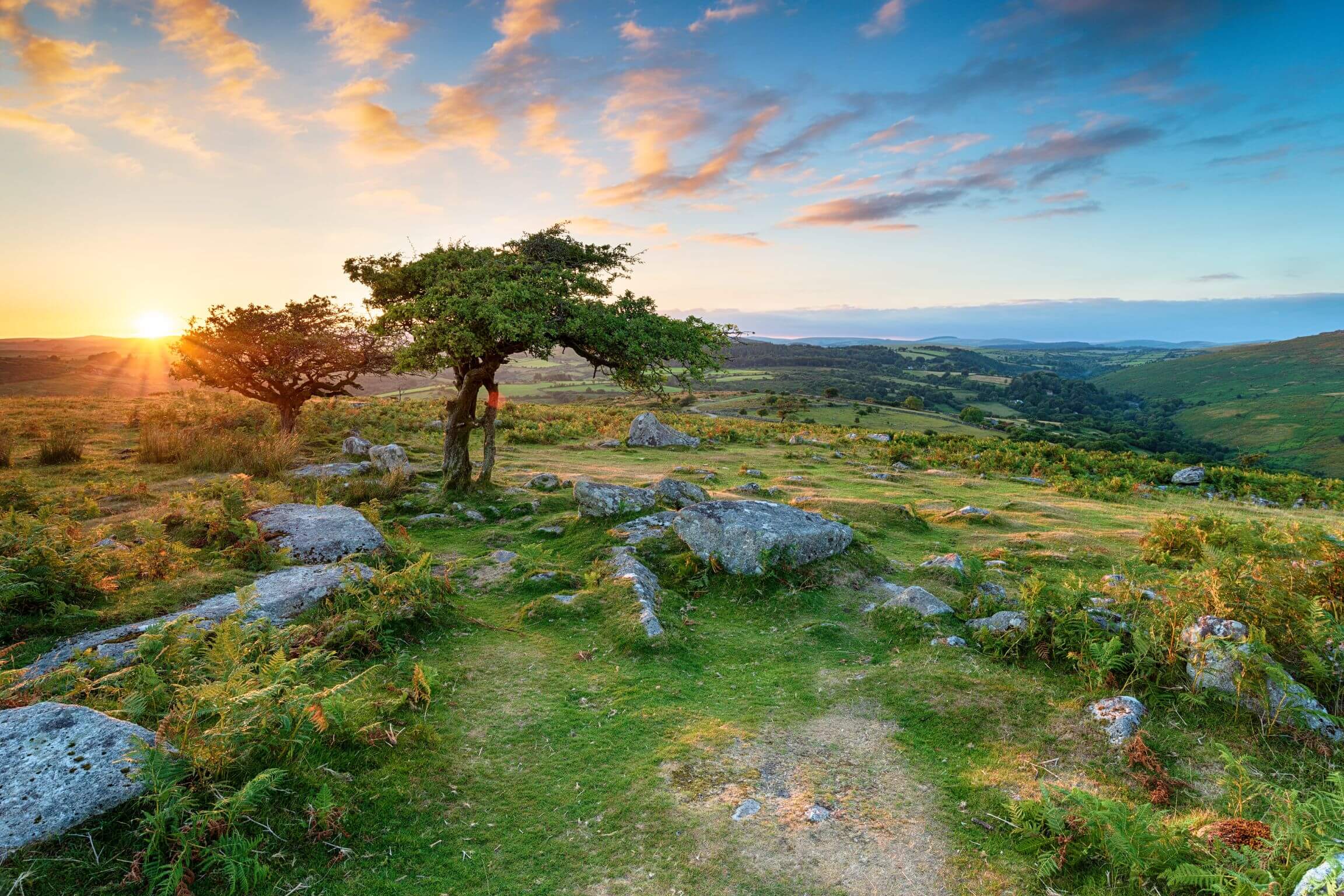 Scenery at sunset at the Dartmoor National Park