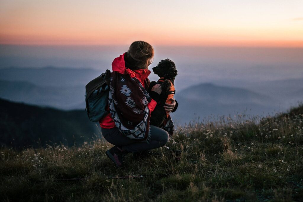 A woman at dusk kneeling with a dog, looking at the sunset