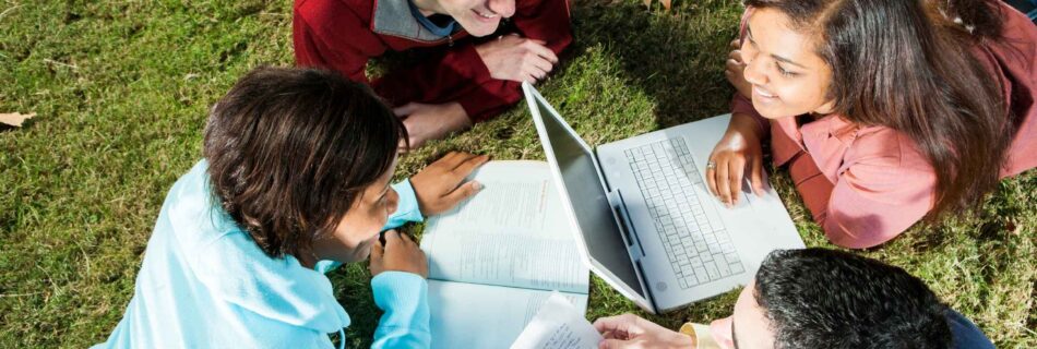 group of teenagers studying on grass