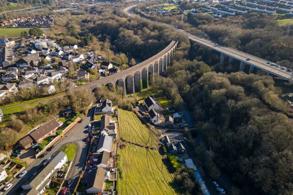 An aerial view of the Cefn Coed Viaduct at Merthyr Tydfil, Wales
