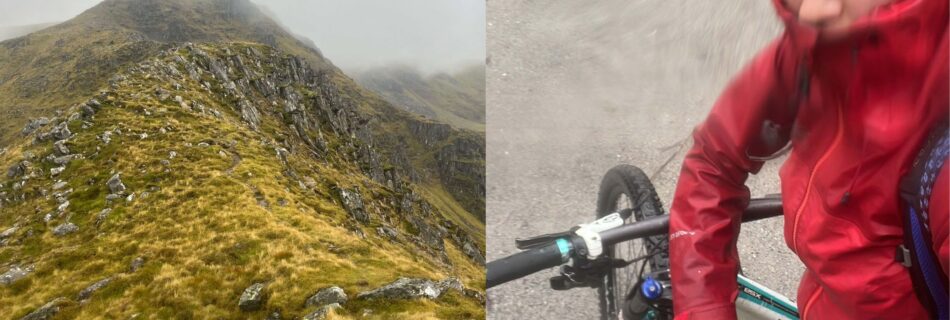 A collage of a girl on her bike in the rain and Ben Alder Summit